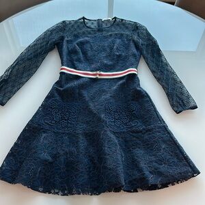 Sandro Navy Lace Belted Dress